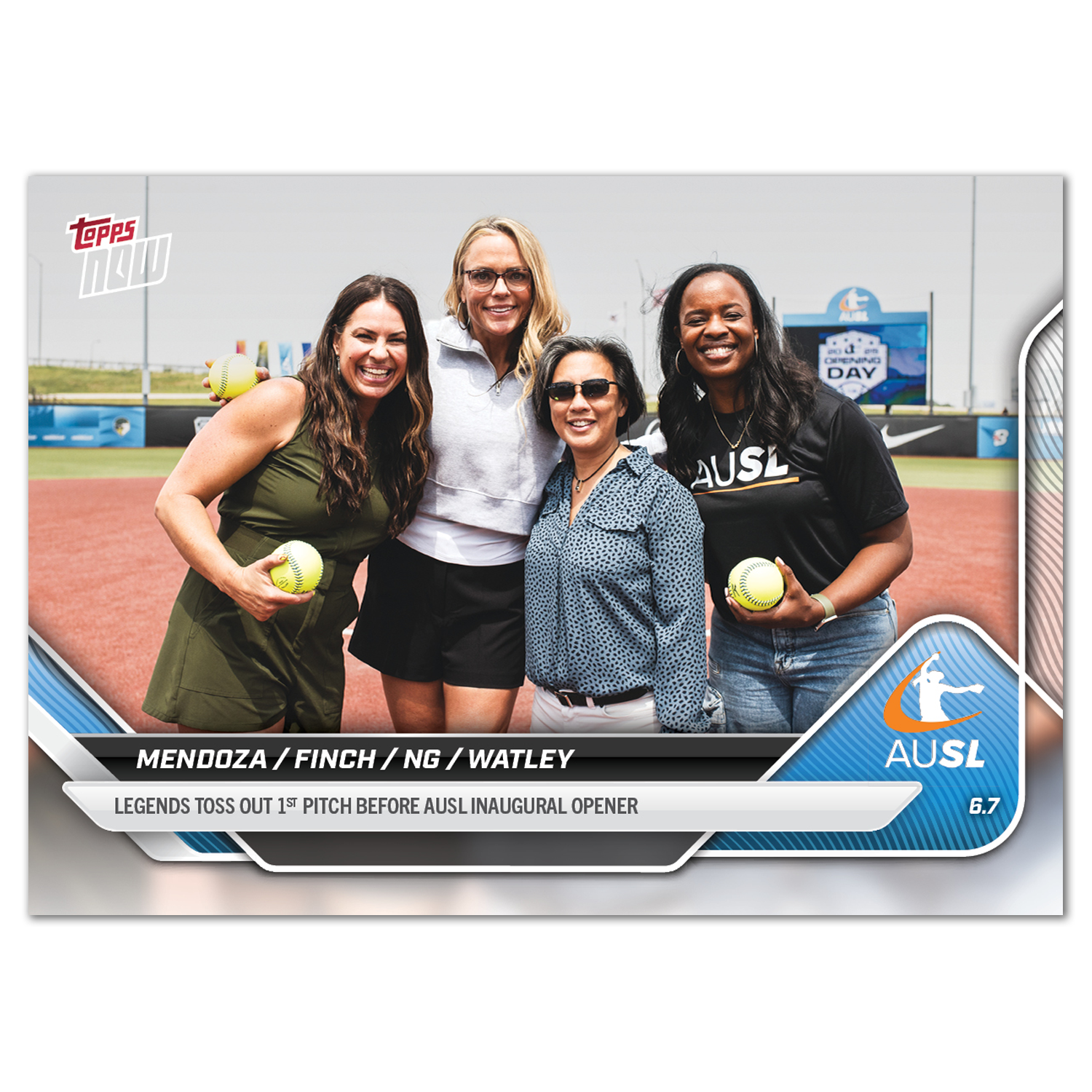 2025 AUSL Topps NOW card 1 featuring Jessica MendozaJennie FinchKim NgNatasha Watley