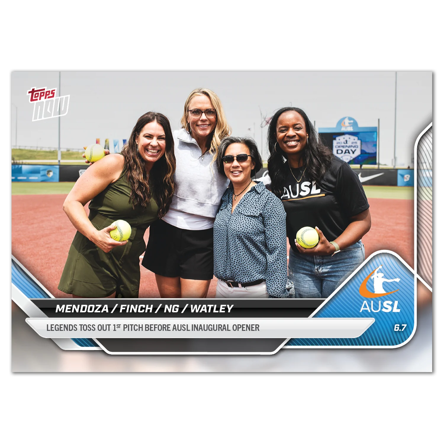 2025 AUSL Topps NOW card 1 featuring Jessica Mendoza/Jennie Finch/Kim Ng/Natasha Watley
